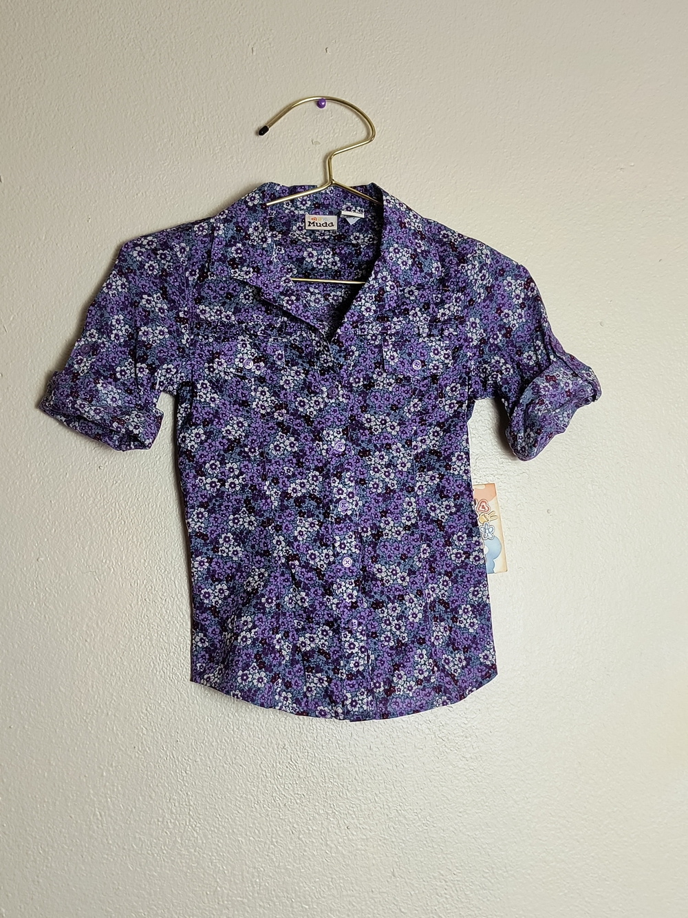 Mudd Girls XS/S(7/8 Purple Floral Button-Up Shirt - Roll Tab Sleeve